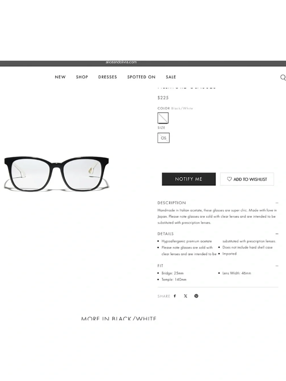 Alice + Olivia Fillmore Black Glasses